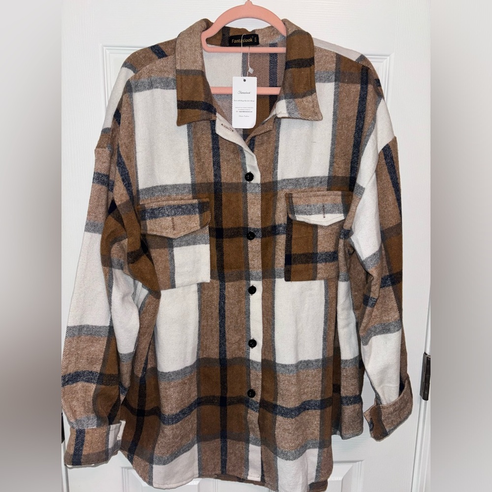 Fantaslook Womens Plaid Flannel Shirt Shacket Jacket Long Sleeve Button Down XXL